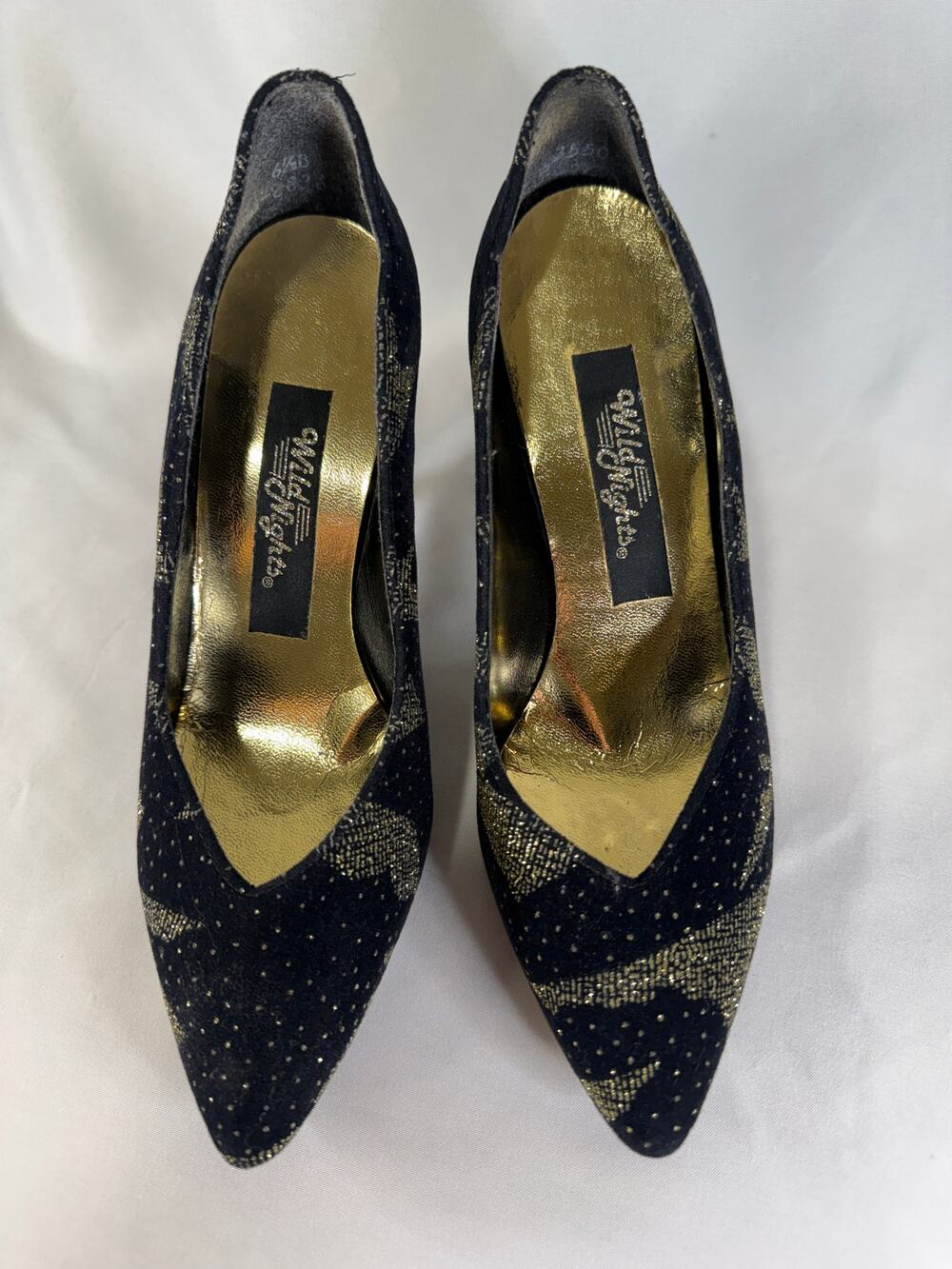 Vintage Wild Nights Women’s 6.5B Black Gold Pointed Toe Pumps Heels 1980s - 90s